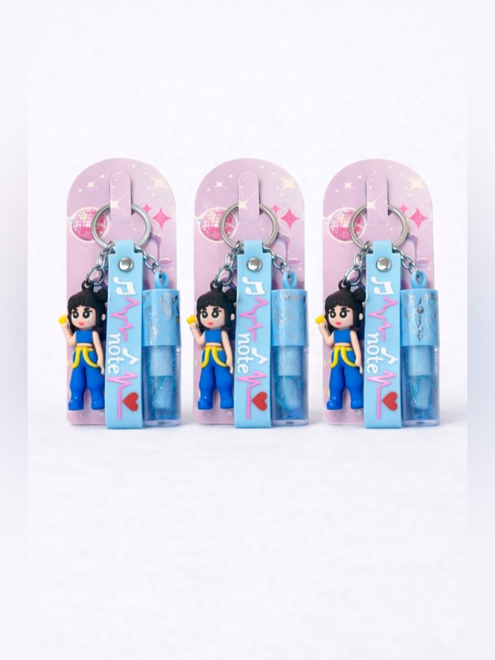 KPOP Blue Keychain Lip Gloss Set – 3 Pack Cute Charm Glosses New
